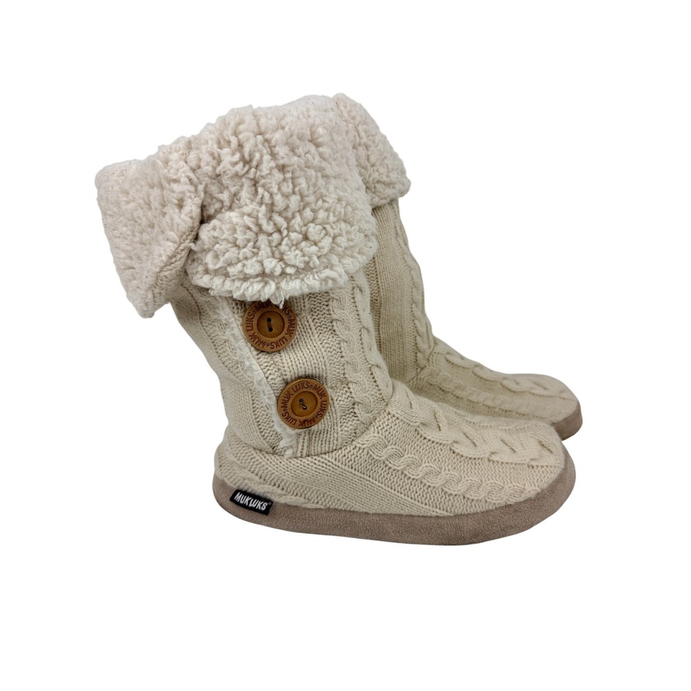 Muk Luks Womens Cream Cable Knit Slipper Boots Faux Shearling Size Large 9-10 BB